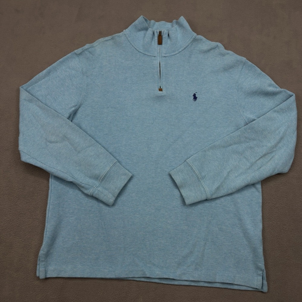 Polo Ralph Lauren 1/4 Zip Pullover Sweater Mens L Baby Blue Estate Rib Blue Pony
